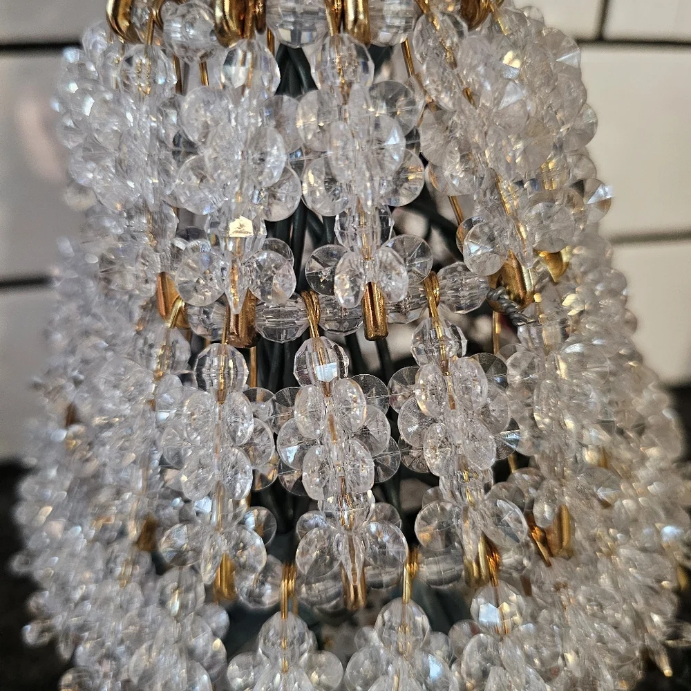 Vtg Safety Pin Clear Beads Gold Pink Christmas Tree 10” Lighted‎ Colored Lights